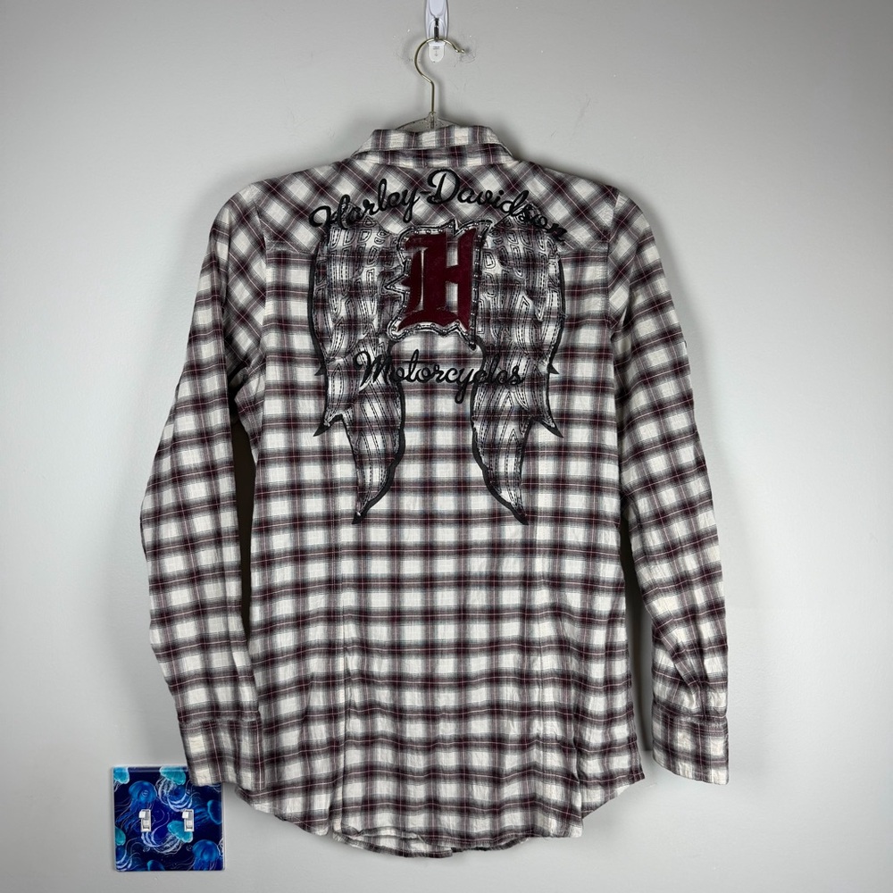Harley-Davidson Western Red White Plaid Button Up Size Small Biker Angel Wings
